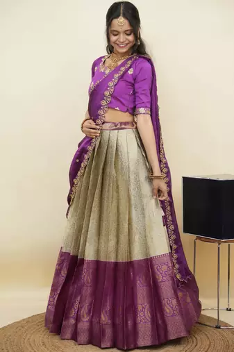 South Indian Style Half Saree With Embroidery Work Blouse & Dupatta for Women