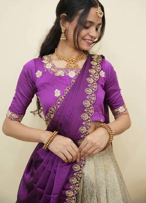 South Indian Style Half Saree With Embroidery Work Blouse & Dupatta for Women 4