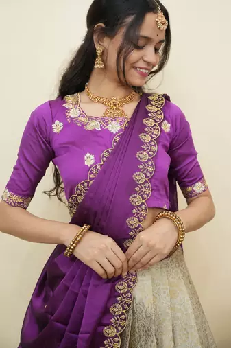 South Indian Style Half Saree With Embroidery Work Blouse & Dupatta for Women