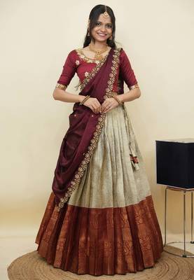 South Indian Style Half Saree With Embroidery Work Blouse & Dupatta for Women 1
