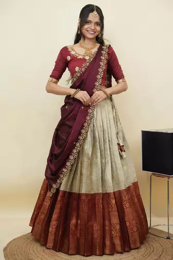 South Indian Style Half Saree With Embroidery Work Blouse & Dupatta for Women