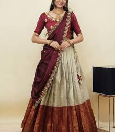 South Indian Style Half Saree With Embroidery Work Blouse & Dupatta for Women