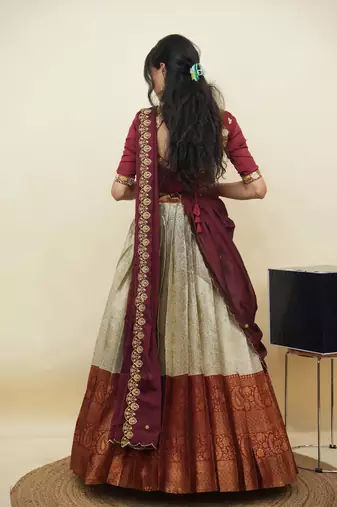 South Indian Style Half Saree With Embroidery Work Blouse & Dupatta for Women