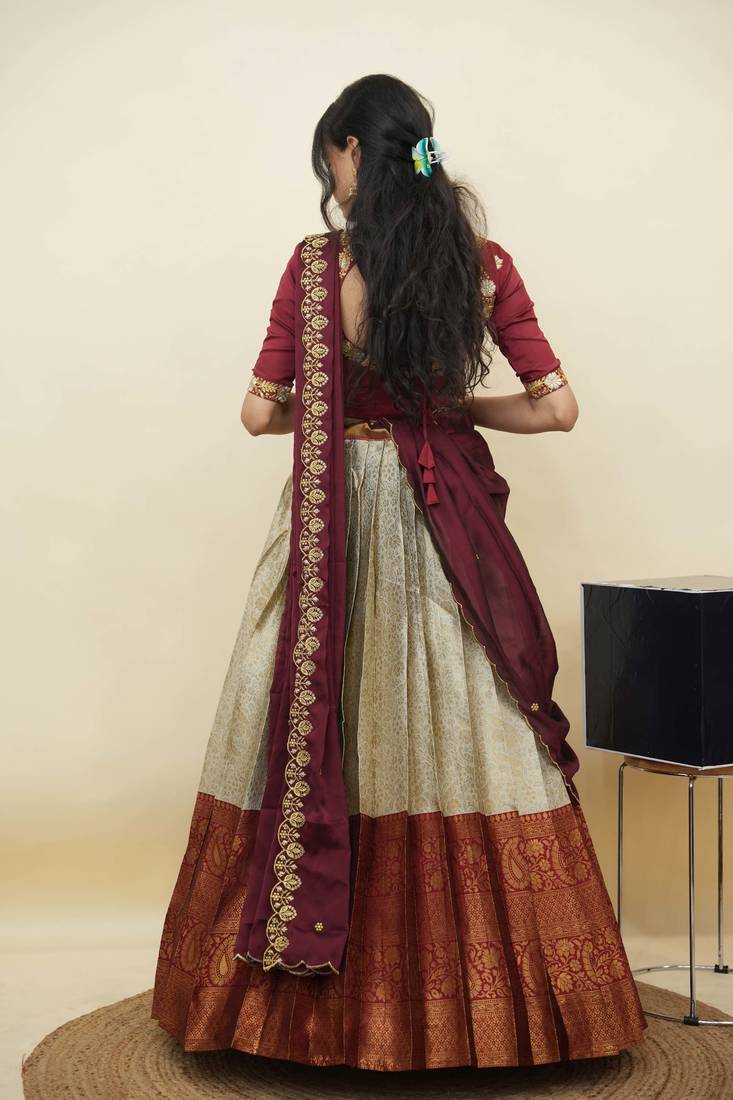 South Indian Style Half Saree With Embroidery Work Blouse & Dupatta for Women