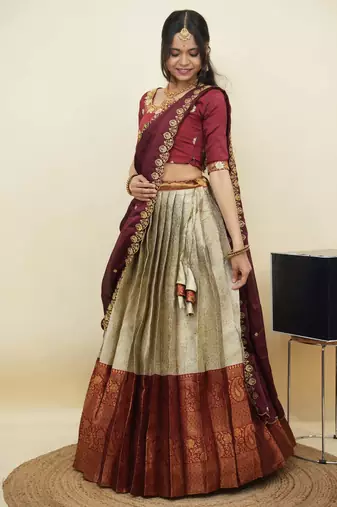 South Indian Style Half Saree With Embroidery Work Blouse & Dupatta for Women