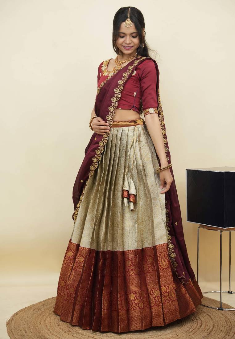 South Indian Style Half Saree With Embroidery Work Blouse & Dupatta for Women