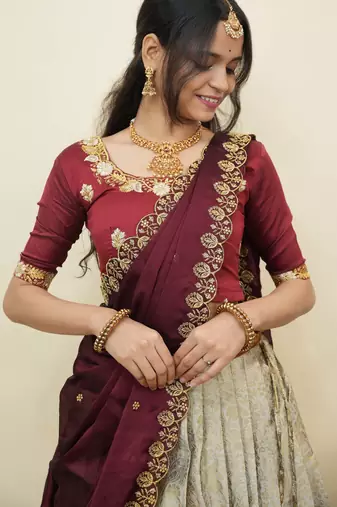 South Indian Style Half Saree With Embroidery Work Blouse & Dupatta for Women