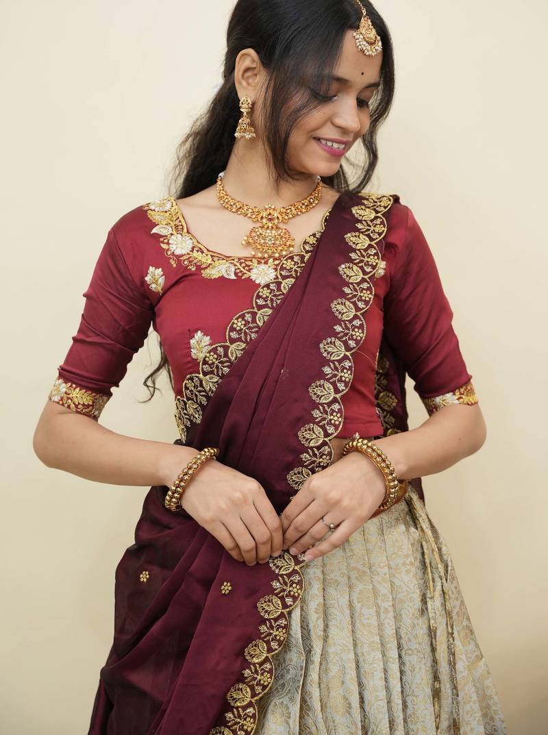 South Indian Style Half Saree With Embroidery Work Blouse & Dupatta for Women