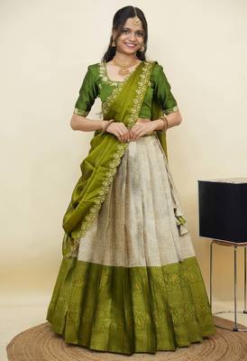 South Indian Style Half Saree With Embroidery Work Blouse & Dupatta for Women 1