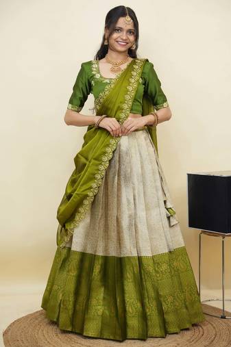 South Indian Style Half Saree With Embroidery Work Blouse & Dupatta for Women