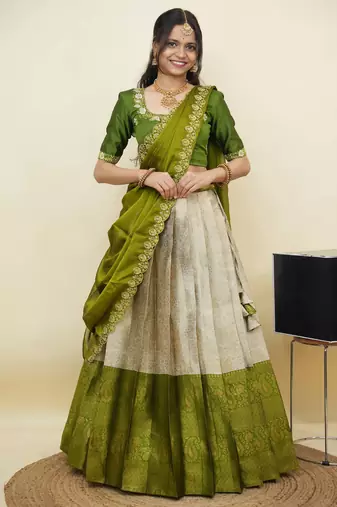 South Indian Style Half Saree With Embroidery Work Blouse & Dupatta for Women