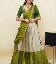 South Indian Style Half Saree With Embroidery Work Blouse & Dupatta for Women