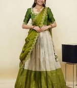 South Indian Style Half Saree With Embroidery Work Blouse & Dupatta for Women