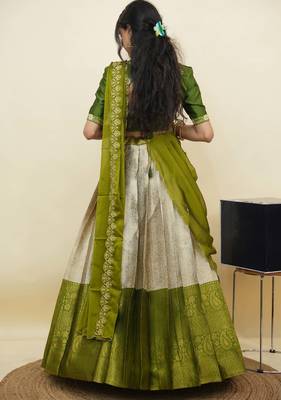 South Indian Style Half Saree With Embroidery Work Blouse & Dupatta for Women 2