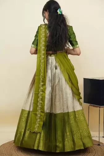 South Indian Style Half Saree With Embroidery Work Blouse & Dupatta for Women