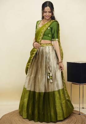 South Indian Style Half Saree With Embroidery Work Blouse & Dupatta for Women 3