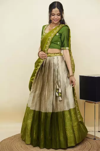 South Indian Style Half Saree With Embroidery Work Blouse & Dupatta for Women