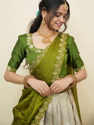 South Indian Style Half Saree With Embroidery Work Blouse & Dupatta for Women 4