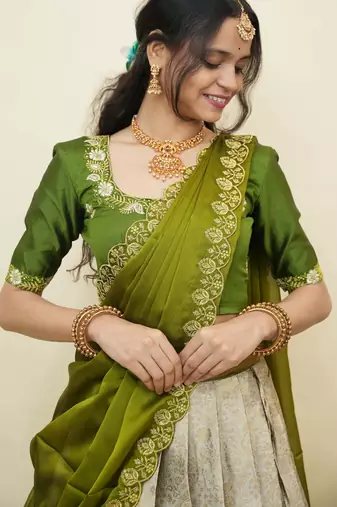 South Indian Style Half Saree With Embroidery Work Blouse & Dupatta for Women