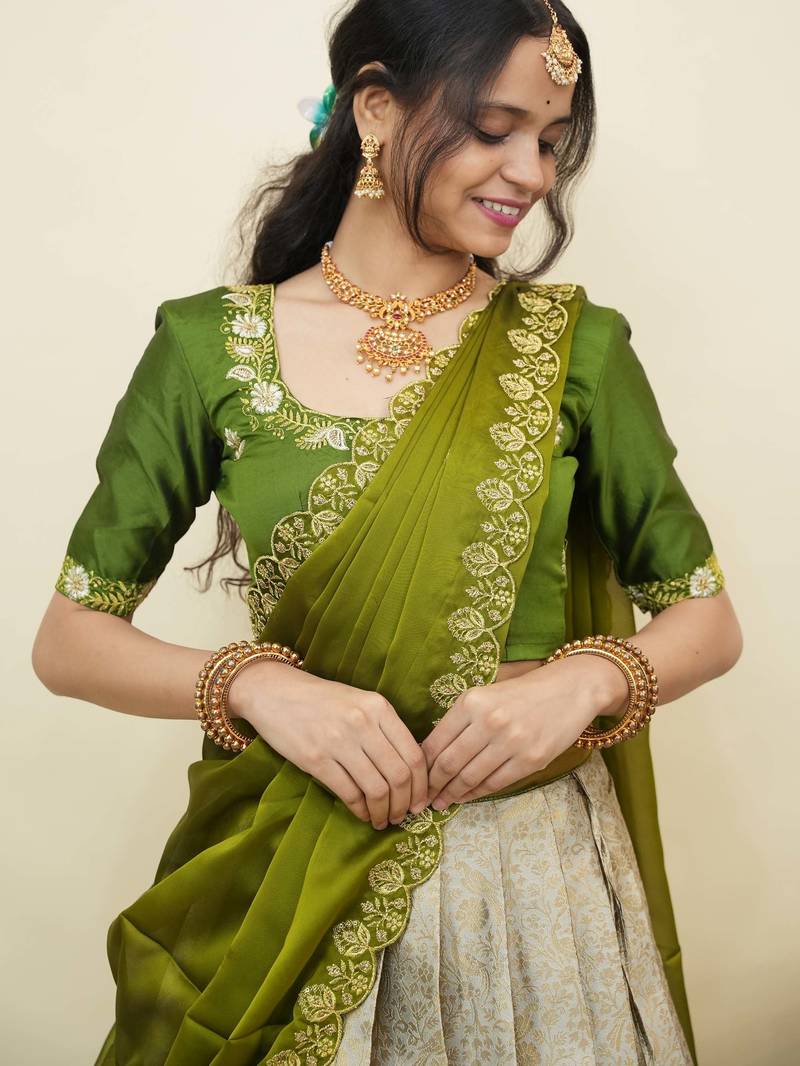 South Indian Style Half Saree With Embroidery Work Blouse & Dupatta for Women