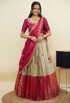 South Indian Style Half Saree With Embroidery Work Blouse & Dupatta for Women 1