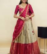 South Indian Style Half Saree With Embroidery Work Blouse & Dupatta for Women