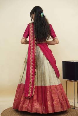 South Indian Style Half Saree With Embroidery Work Blouse & Dupatta for Women 2