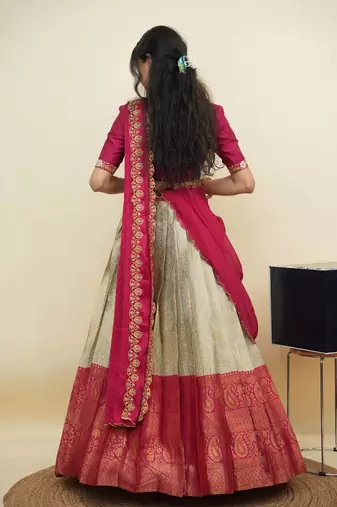 South Indian Style Half Saree With Embroidery Work Blouse & Dupatta for Women