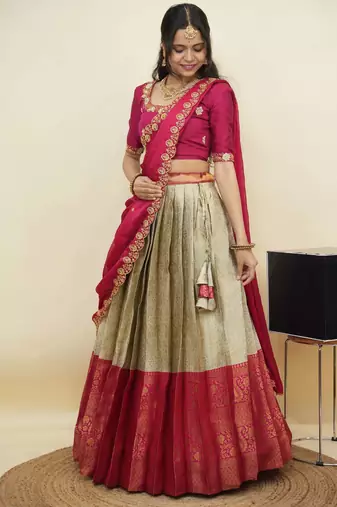 South Indian Style Half Saree With Embroidery Work Blouse & Dupatta for Women