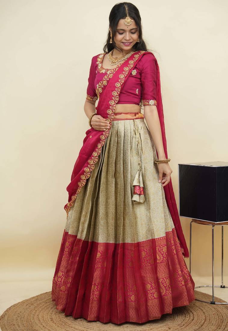 South Indian Style Half Saree With Embroidery Work Blouse & Dupatta for Women