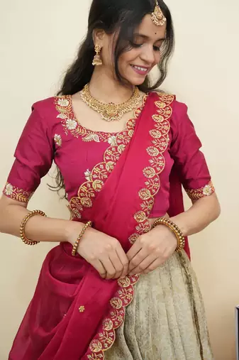 South Indian Style Half Saree With Embroidery Work Blouse & Dupatta for Women