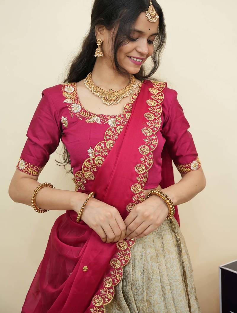 South Indian Style Half Saree With Embroidery Work Blouse & Dupatta for Women