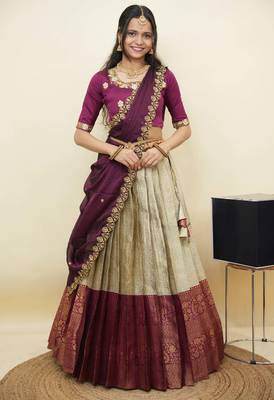 South Indian Style Half Saree With Embroidery Work Blouse & Dupatta for Women 1