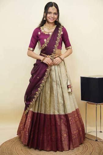 South Indian Style Half Saree With Embroidery Work Blouse & Dupatta for Women