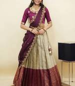 South Indian Style Half Saree With Embroidery Work Blouse & Dupatta for Women