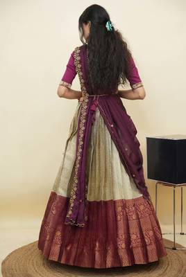 South Indian Style Half Saree With Embroidery Work Blouse & Dupatta for Women 2