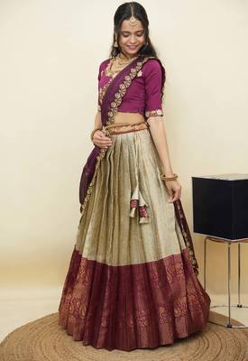 South Indian Style Half Saree With Embroidery Work Blouse & Dupatta for Women 3