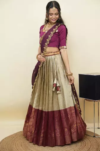 South Indian Style Half Saree With Embroidery Work Blouse & Dupatta for Women