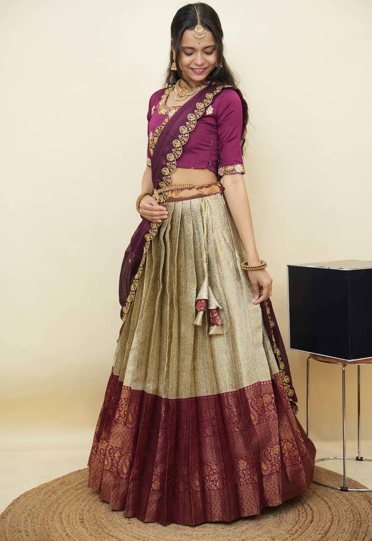 South Indian Style Half Saree With Embroidery Work Blouse & Dupatta for Women