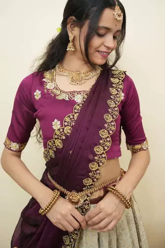 South Indian Style Half Saree With Embroidery Work Blouse & Dupatta for Women