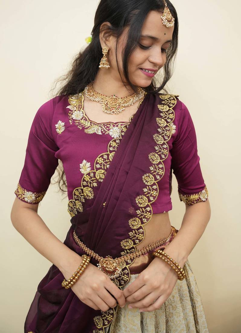 South Indian Style Half Saree With Embroidery Work Blouse & Dupatta for Women