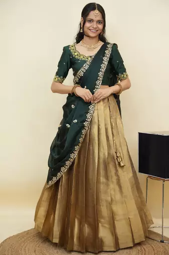 South Indian Style Half Saree With Beads & Hand Work Blouse & Dupatta for Women