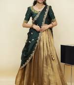 South Indian Style Half Saree With Beads & Hand Work Blouse & Dupatta for Women