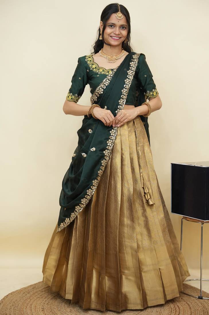 South Indian Style Half Saree With Beads & Hand Work Blouse & Dupatta for Women