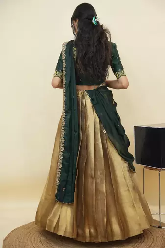 South Indian Style Half Saree With Beads & Hand Work Blouse & Dupatta for Women