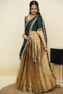 South Indian Style Half Saree With Beads & Hand Work Blouse & Dupatta for Women 3