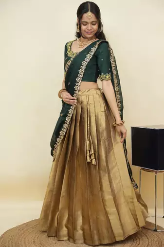 South Indian Style Half Saree With Beads & Hand Work Blouse & Dupatta for Women