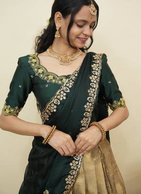 South Indian Style Half Saree With Beads & Hand Work Blouse & Dupatta for Women 4