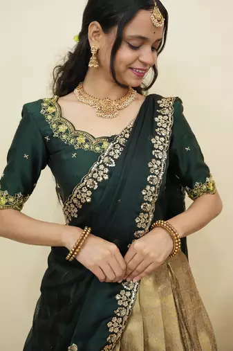 South Indian Style Half Saree With Beads & Hand Work Blouse & Dupatta for Women