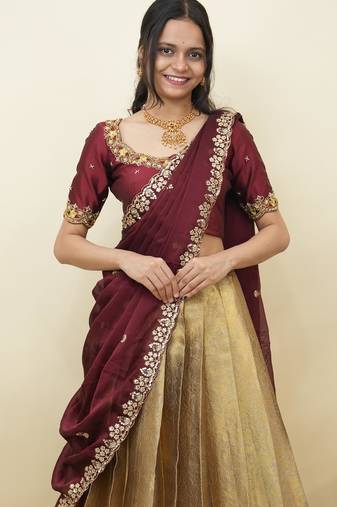 South Indian Style Half Saree With Beads & Hand Work Blouse & Dupatta for Women